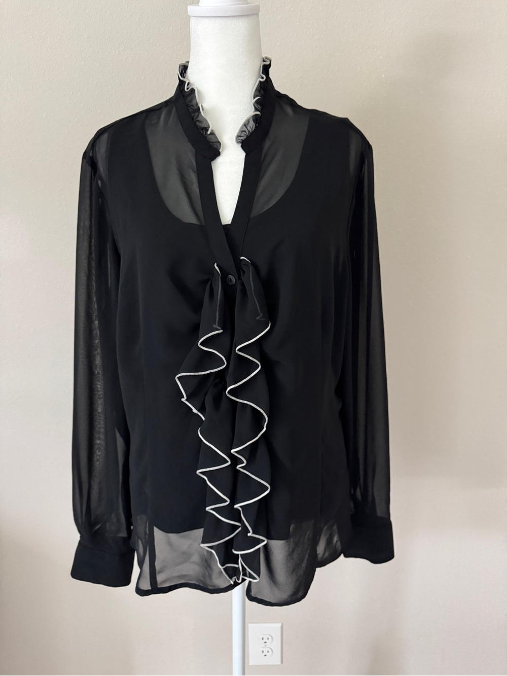 Worthington Black Sheer Ruffle-Trim Blouse